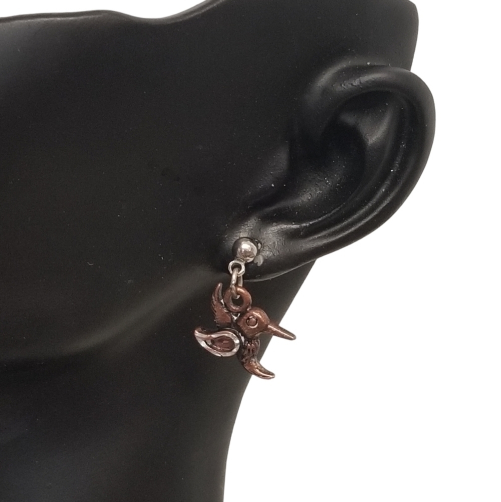 Vintage Waldeck Johnson Copper Hummingbird Earrings Signed Artisan Nature Dangle